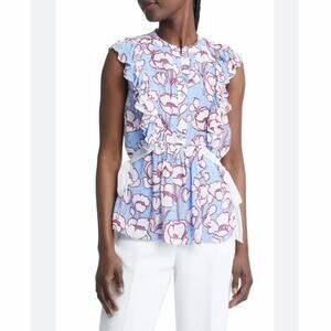 NWOT Ted Baker Audriar Floral Bow Front Blouse Size 2 Blue White Ruffle